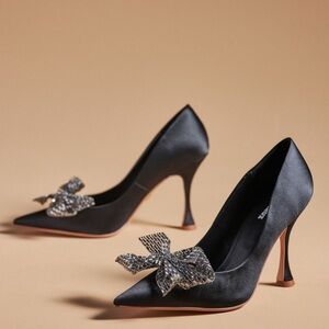 Anthropologie Black High Heels with Pointed Toe and Ornate Embellishment